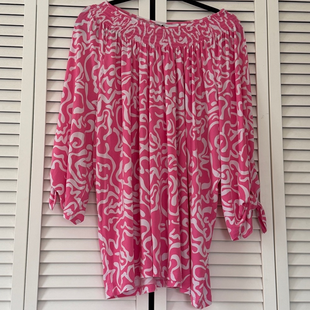 Susan Graver Liquid Knit Smock-Neck 3/4 Sleeve‎ Top With Tie Detail Pink 2X New